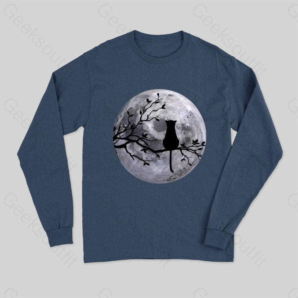 The Cat And The Moon Long Sleeve T-Shirt Navy / S