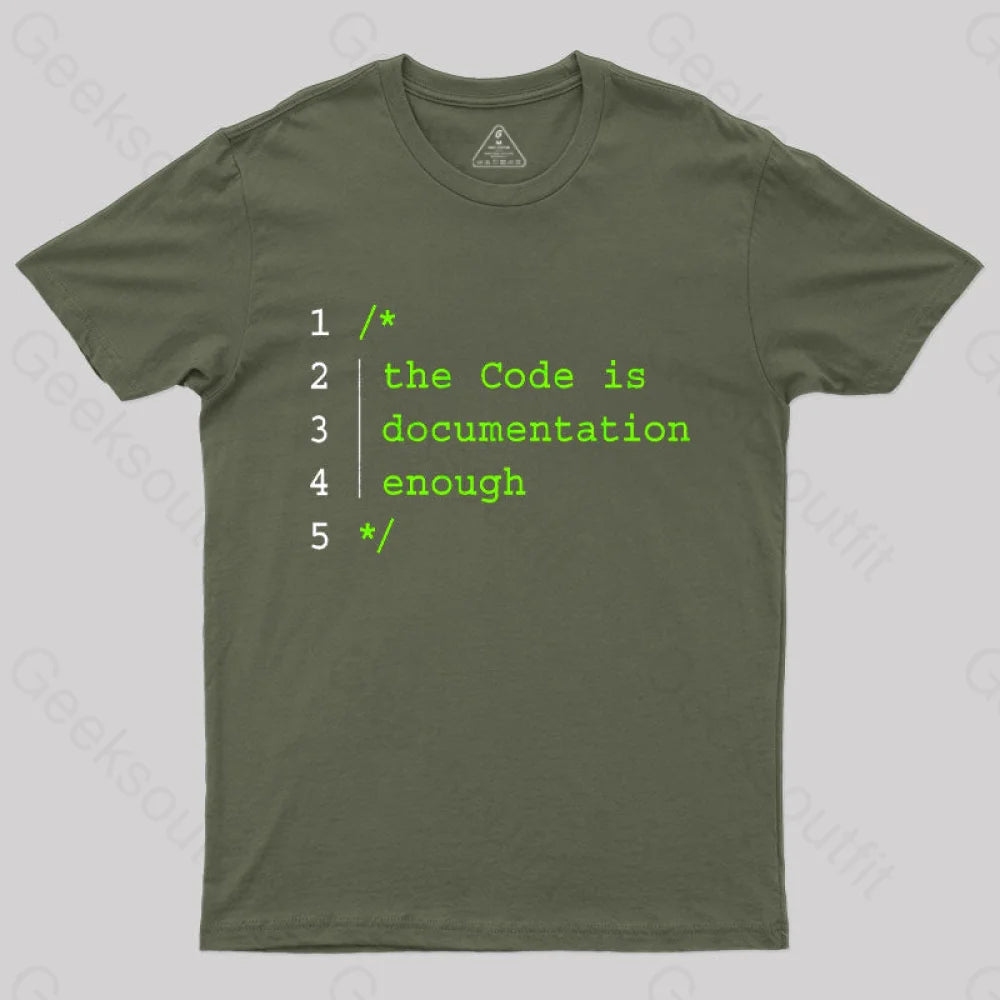 The Code Is Documentation Enough Nerd T-Shirt Army Green / S