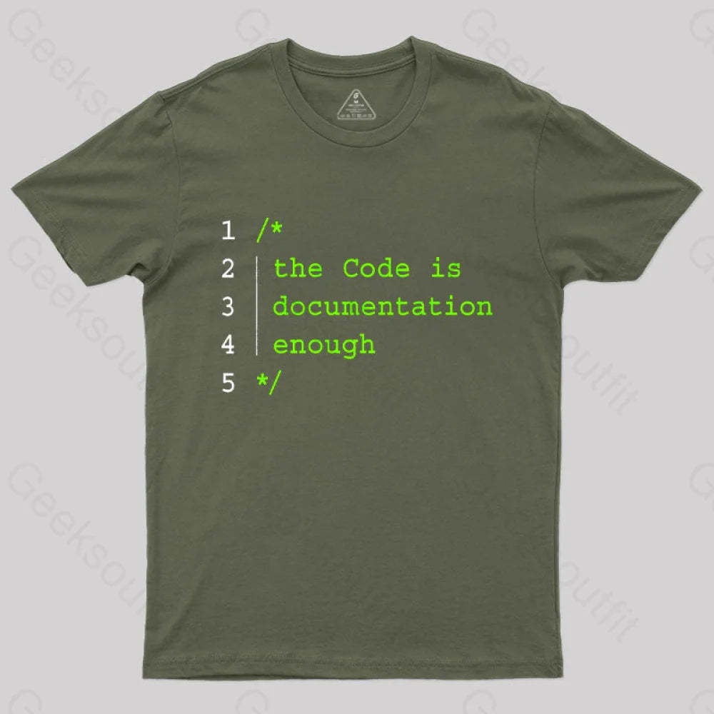 The Code Is Documentation Enough Nerd T-Shirt Army Green / S