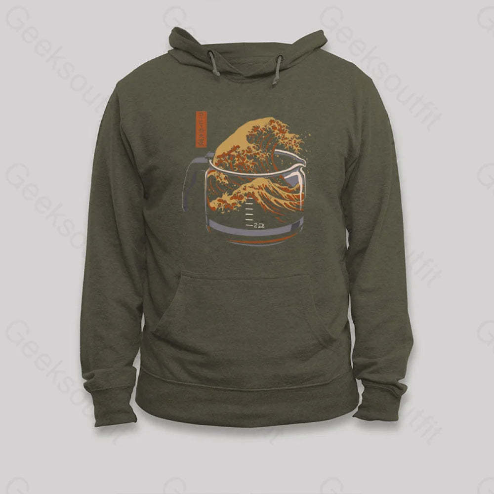 The Great Wave Of Coffee Hoodie Army Green / S