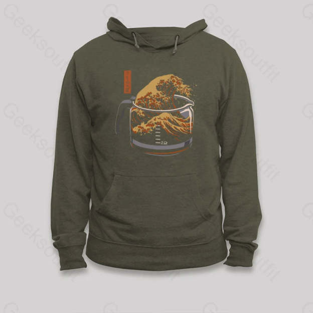 The Great Wave Of Coffee Hoodie Army Green / S