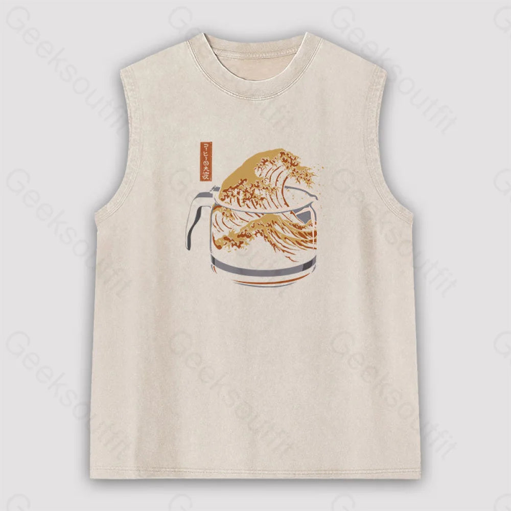 The Great Wave Of Coffee Unisex Washed Tank Apricot / S