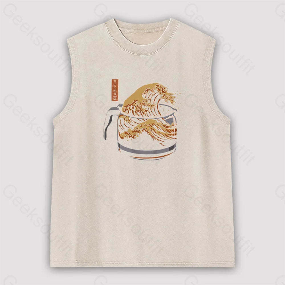 The Great Wave Of Coffee Unisex Washed Tank Apricot / S