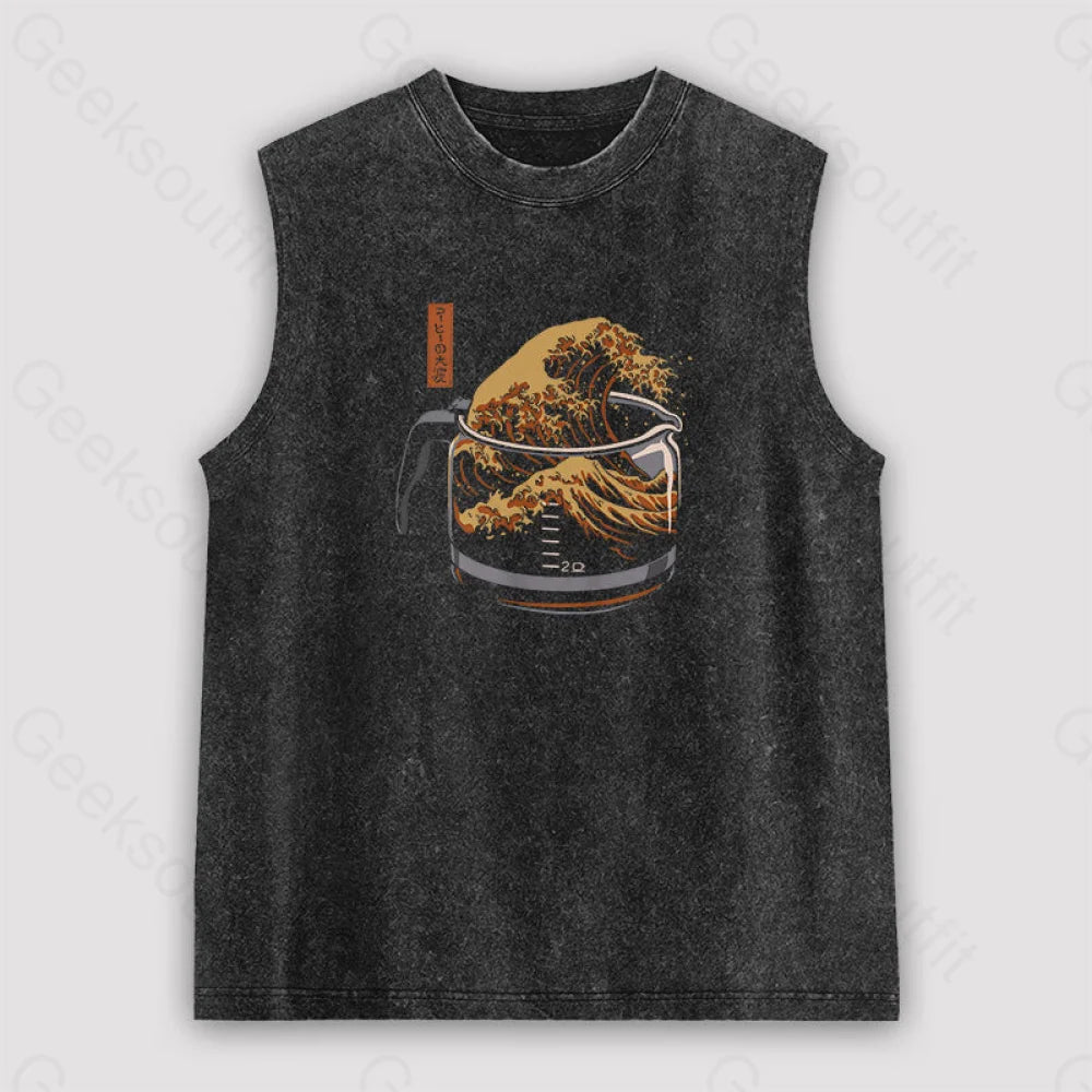 The Great Wave Of Coffee Unisex Washed Tank Black / S
