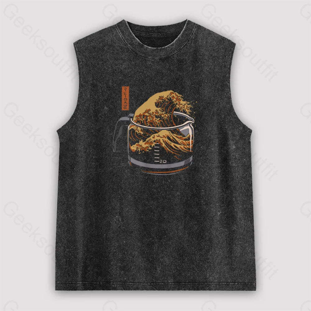 The Great Wave Of Coffee Unisex Washed Tank Black / S