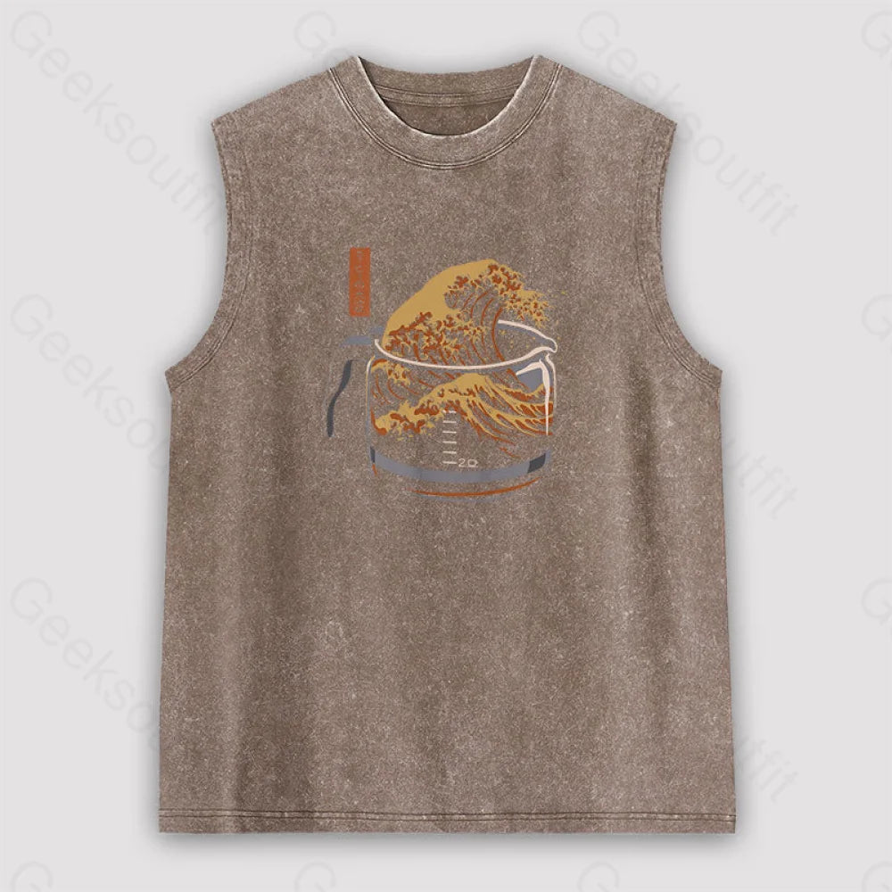 The Great Wave Of Coffee Unisex Washed Tank Brown / S