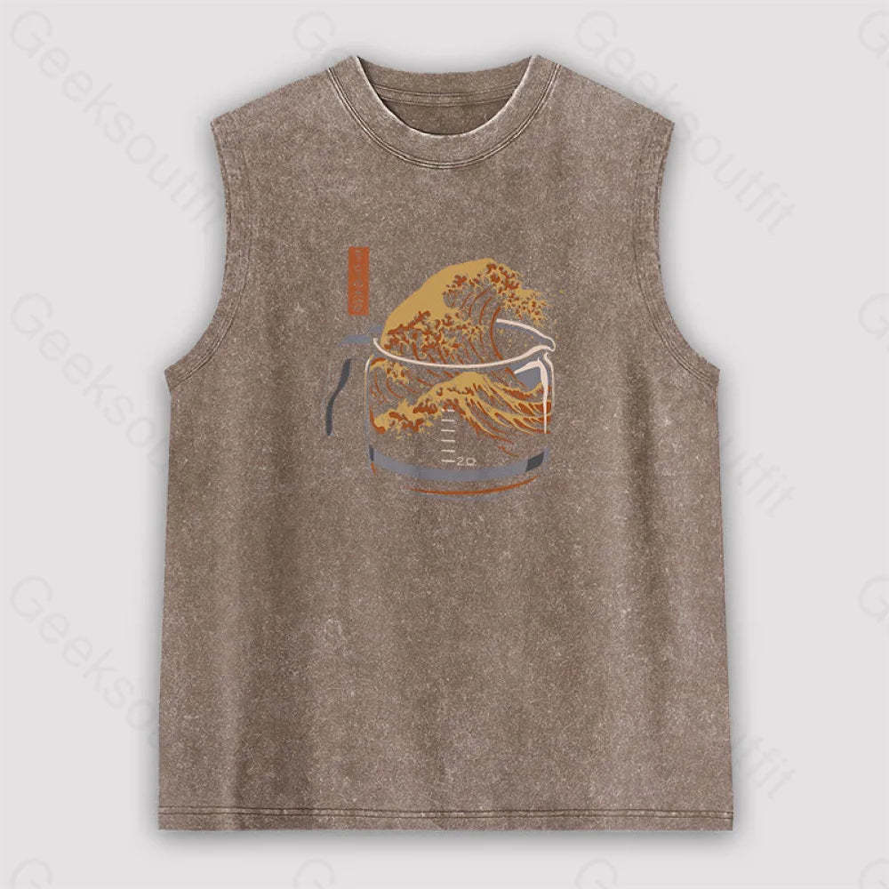 The Great Wave Of Coffee Unisex Washed Tank Brown / S