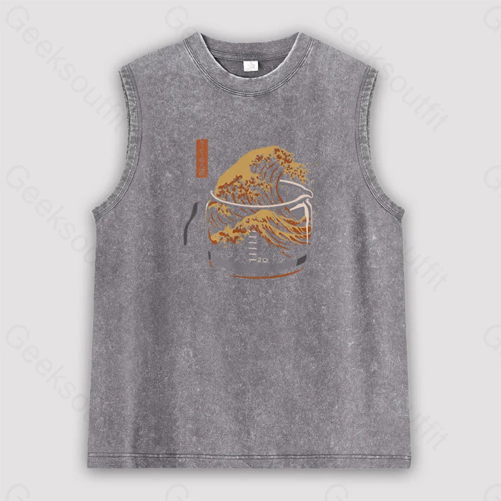 The Great Wave Of Coffee Unisex Washed Tank Grey / S