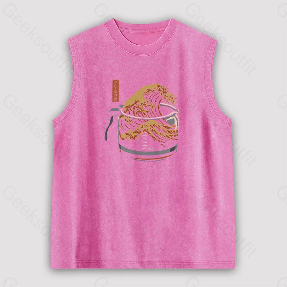 The Great Wave Of Coffee Unisex Washed Tank Pink / S