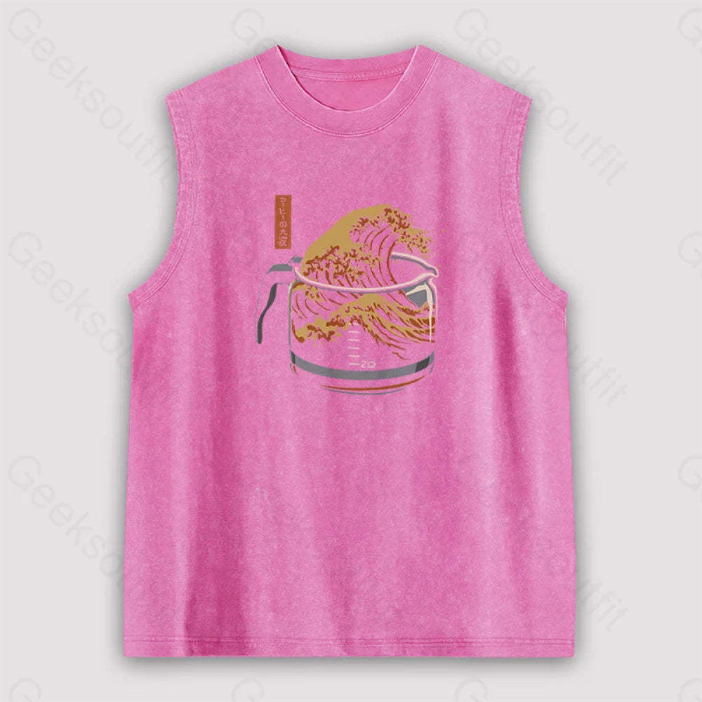 The Great Wave Of Coffee Unisex Washed Tank Pink / S