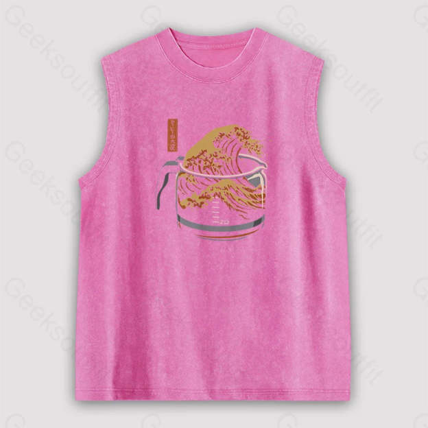 The Great Wave Of Coffee Unisex Washed Tank Pink / S