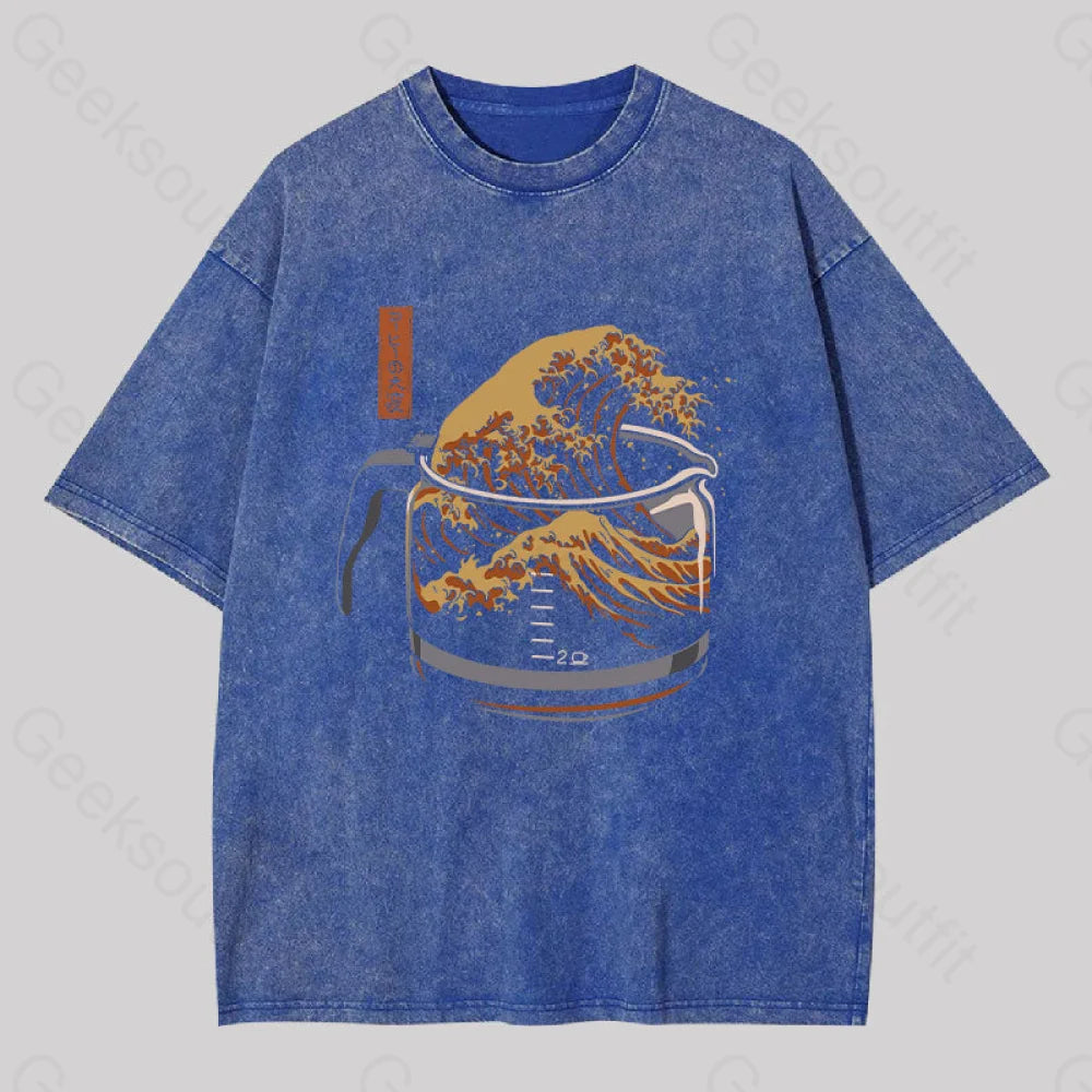 The Great Wave Of Coffee Washed T-Shirt Blue / S