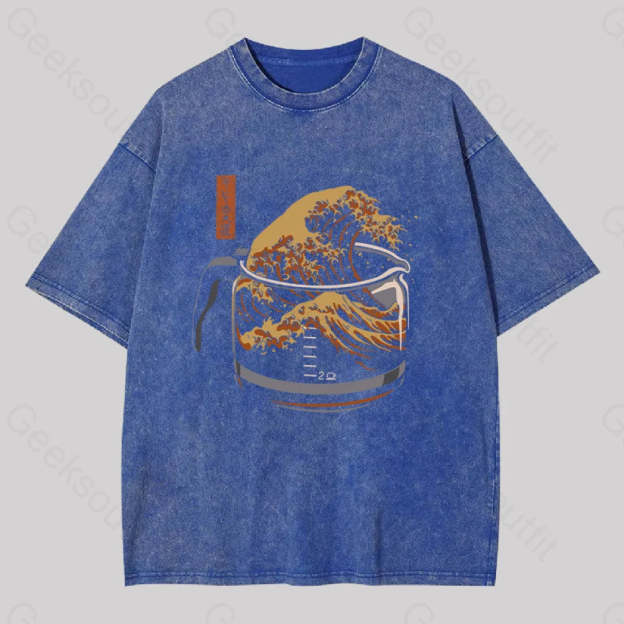 The Great Wave Of Coffee Washed T-Shirt Blue / S