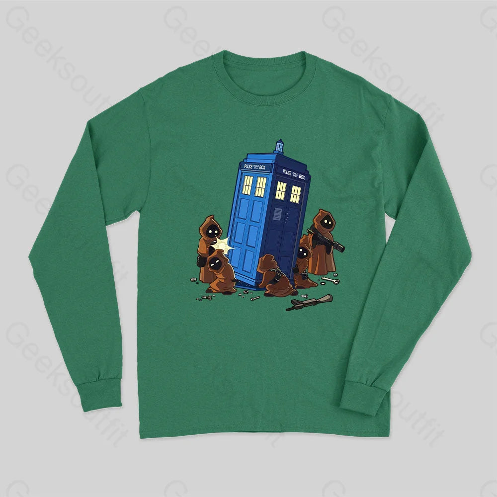 The Tardis In Humorous Fan Art Long Sleeve T-Shirt Green / S