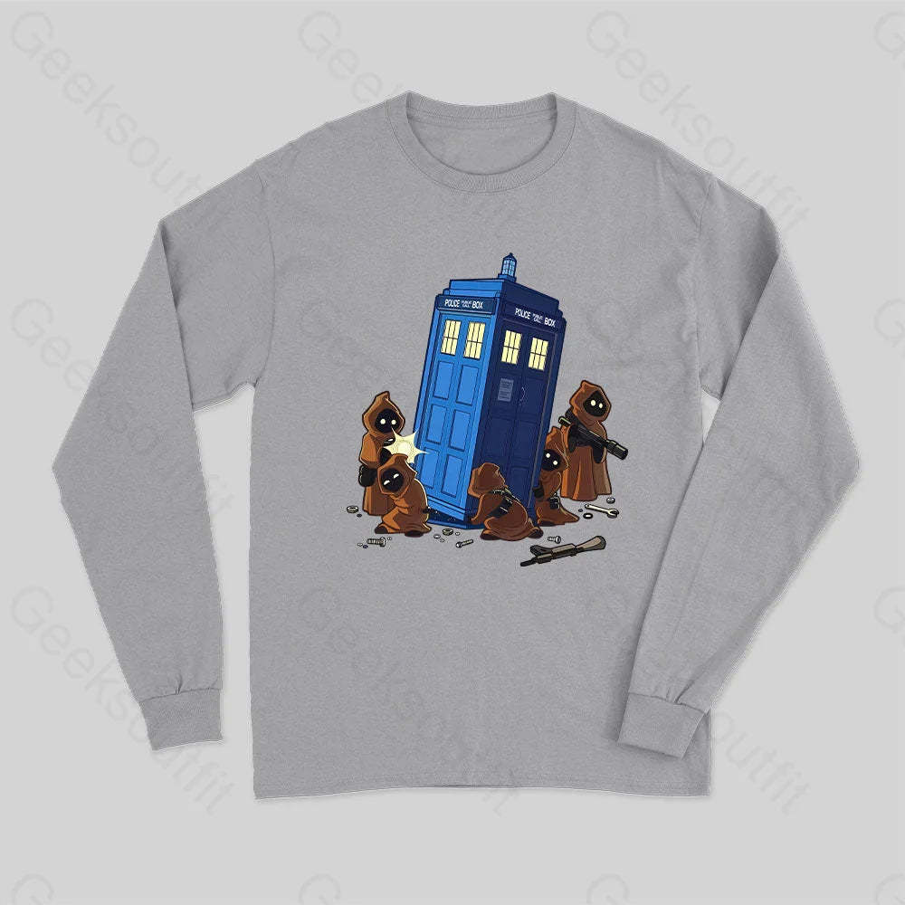 The Tardis In Humorous Fan Art Long Sleeve T-Shirt Grey / S