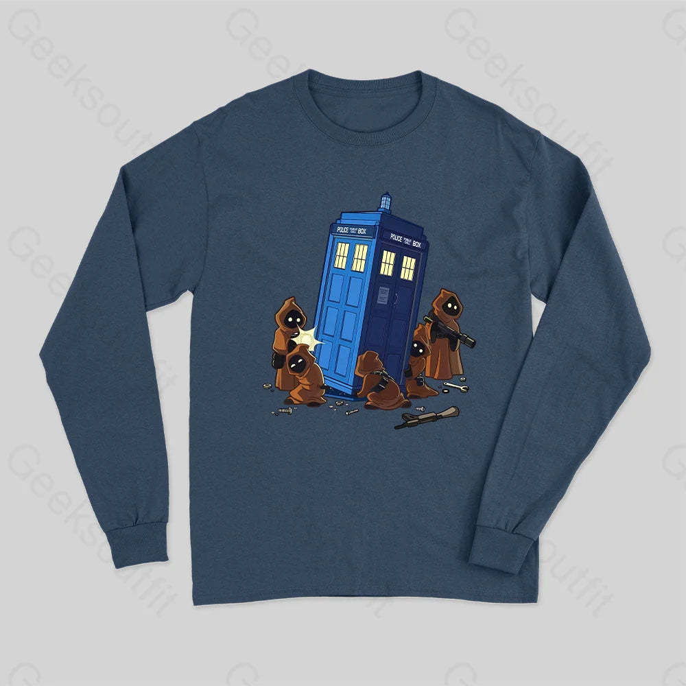 The Tardis In Humorous Fan Art Long Sleeve T-Shirt Navy / S