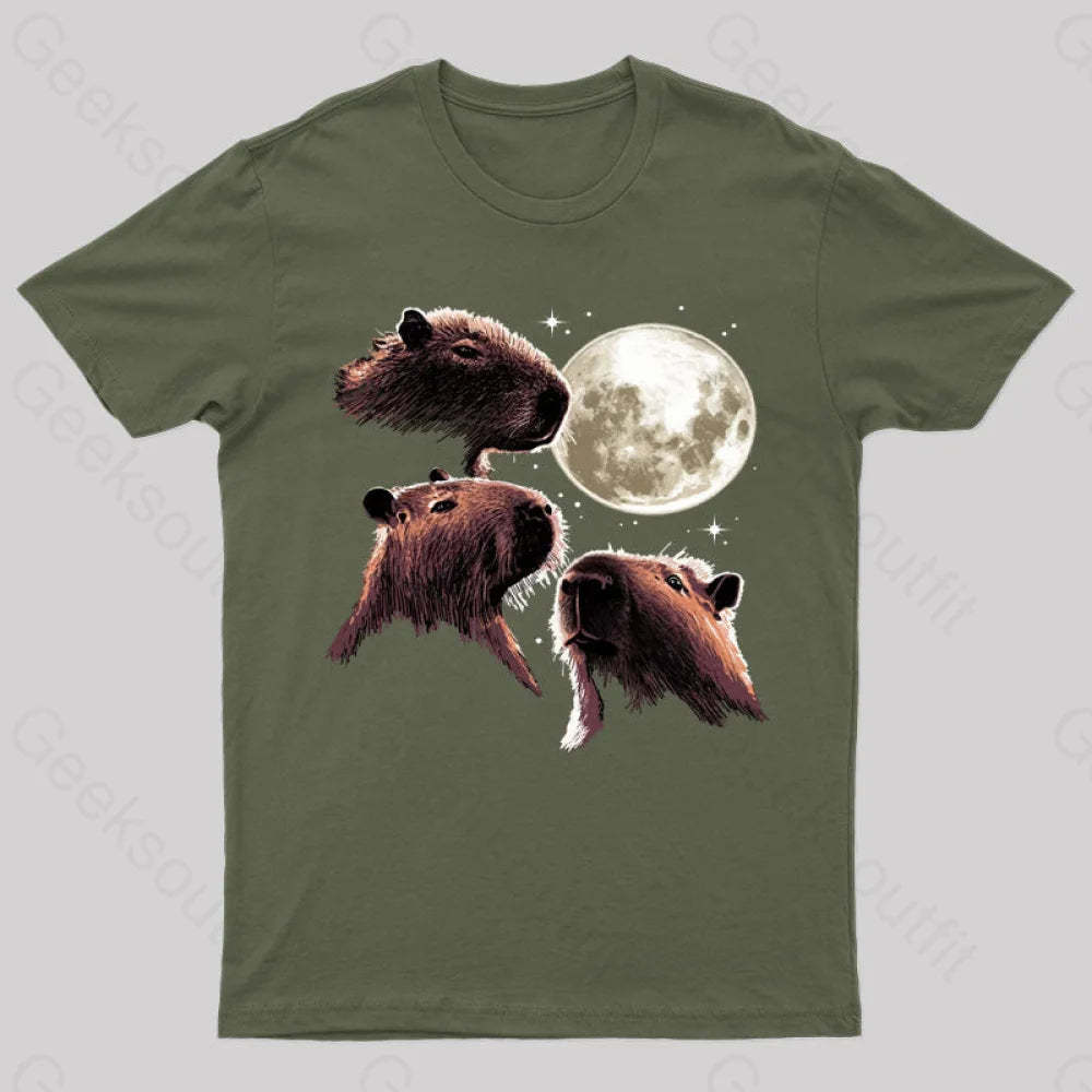 Three Moon Capybaras Geek T-Shirt Army Green / S