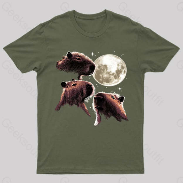 Three Moon Capybaras Geek T-Shirt Army Green / S