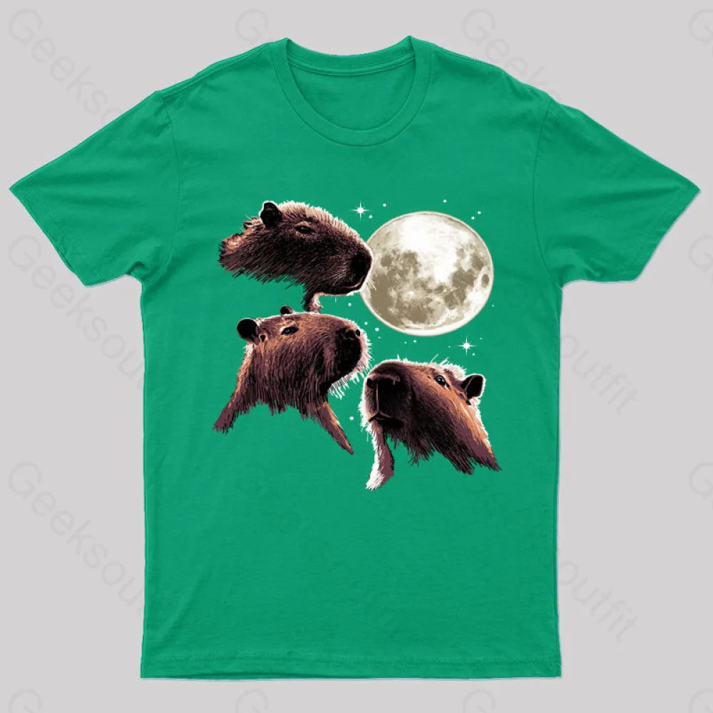Three Moon Capybaras Geek T-Shirt Green / S