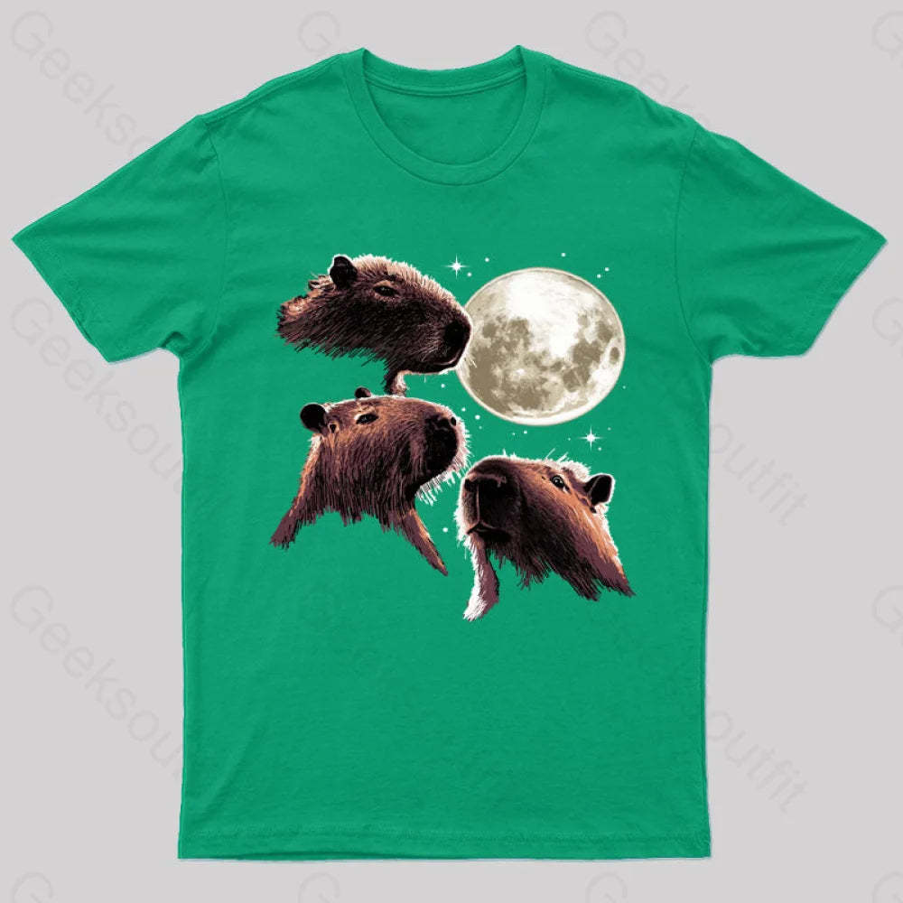 Three Moon Capybaras Geek T-Shirt Green / S