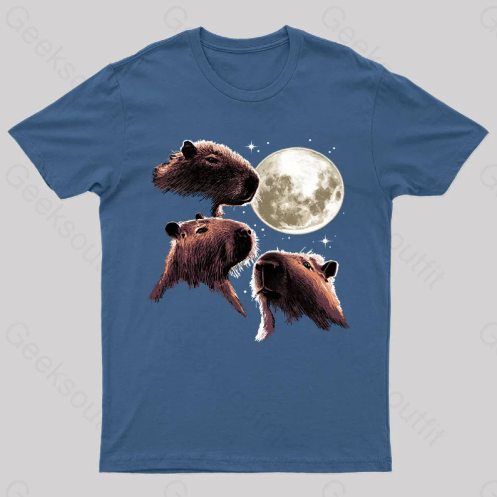 Three Moon Capybaras Geek T-Shirt Navy / S