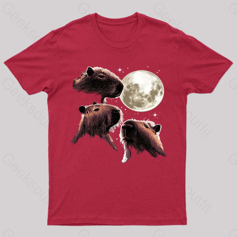 Three Moon Capybaras Geek T-Shirt Red / S