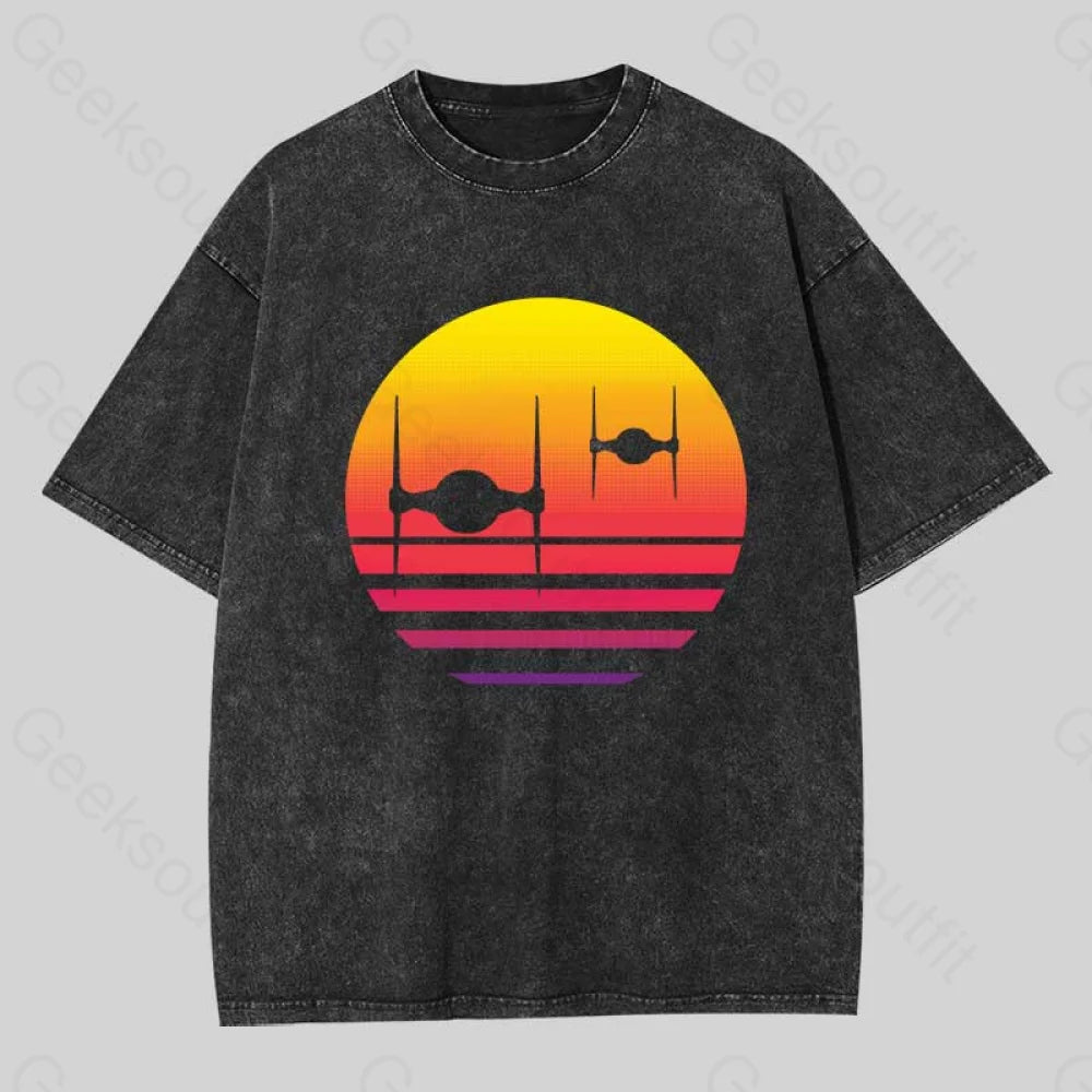 Tie Fighter Sunset Geek Washed T-Shirt Black / S