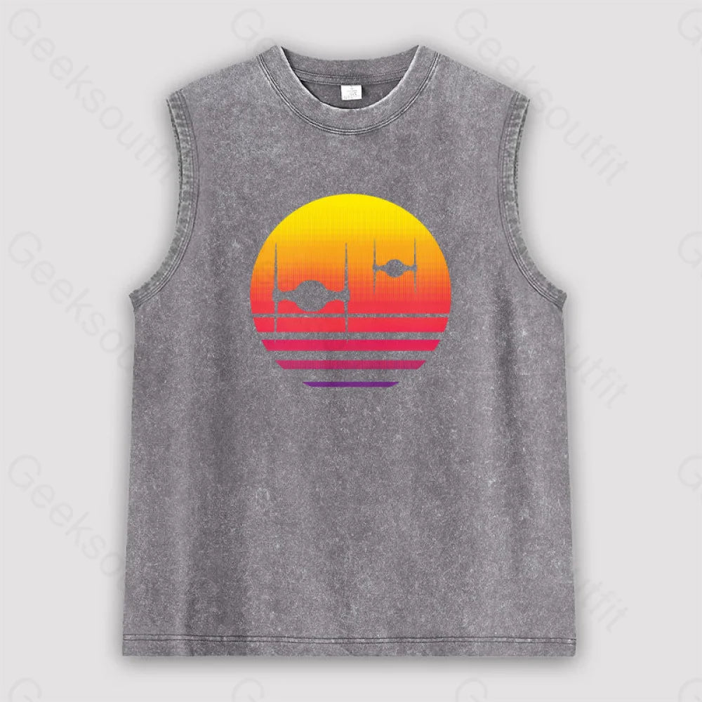 Tie Fighter Sunset Unisex Washed Tank Grey / S
