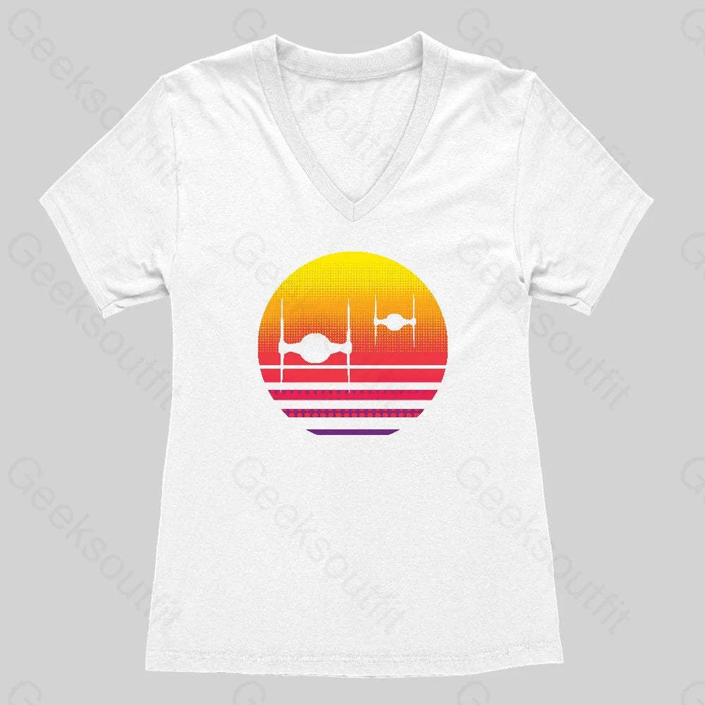 Tie Fighter Sunset Women's V-Neck T-shirt - Geeksoutfit