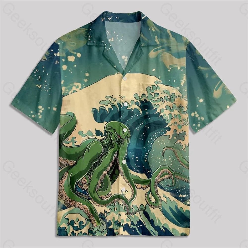 Ukiyoe Waves Cthulhu Green Button Up Pocket Shirt Hawaiian / S Bus552 Yc