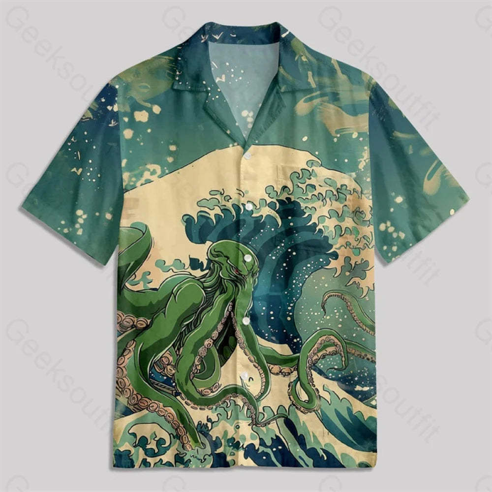 Ukiyoe Waves Cthulhu Green Button Up Pocket Shirt Hawaiian / S Bus552 Yc