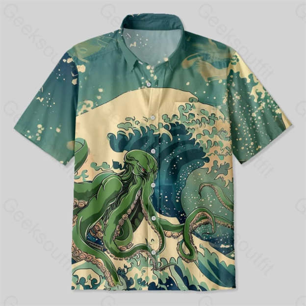 Ukiyoe Waves Cthulhu Green Button Up Pocket Shirt Up / S Bus552 Yc