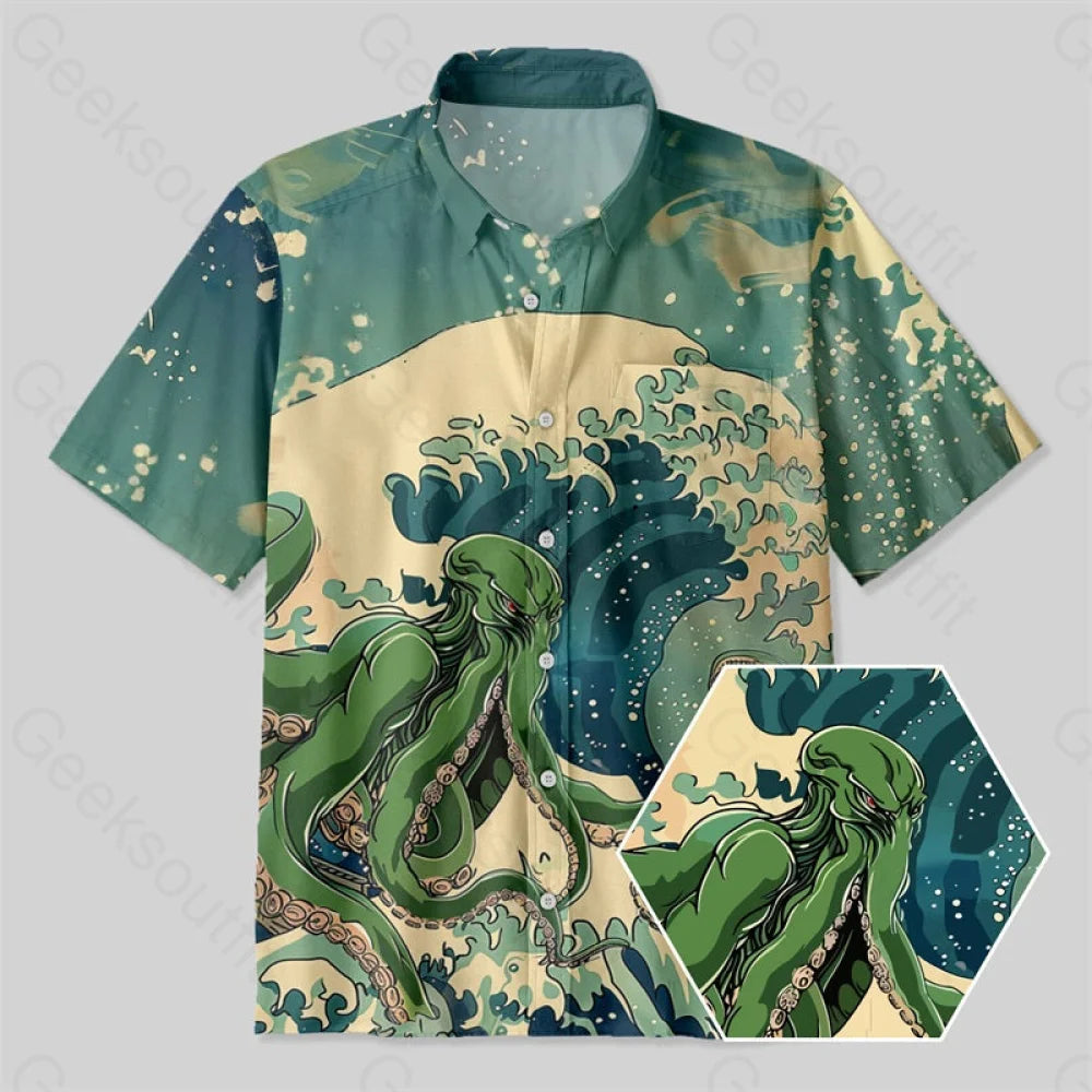 Ukiyoe Waves Cthulhu Green Button Up Pocket Shirt Yc