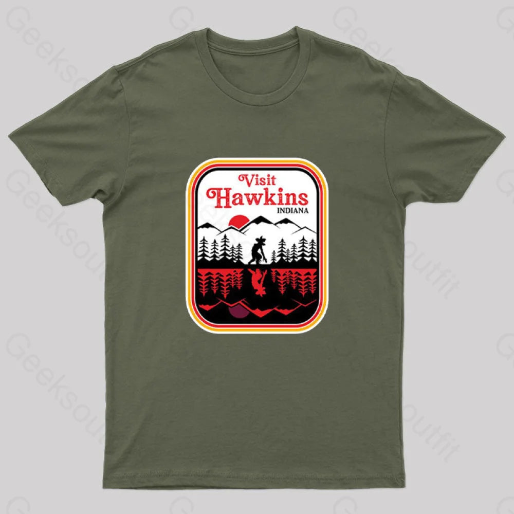 Visit Hawkins Indiana Nerd T-Shirt Army Green / S