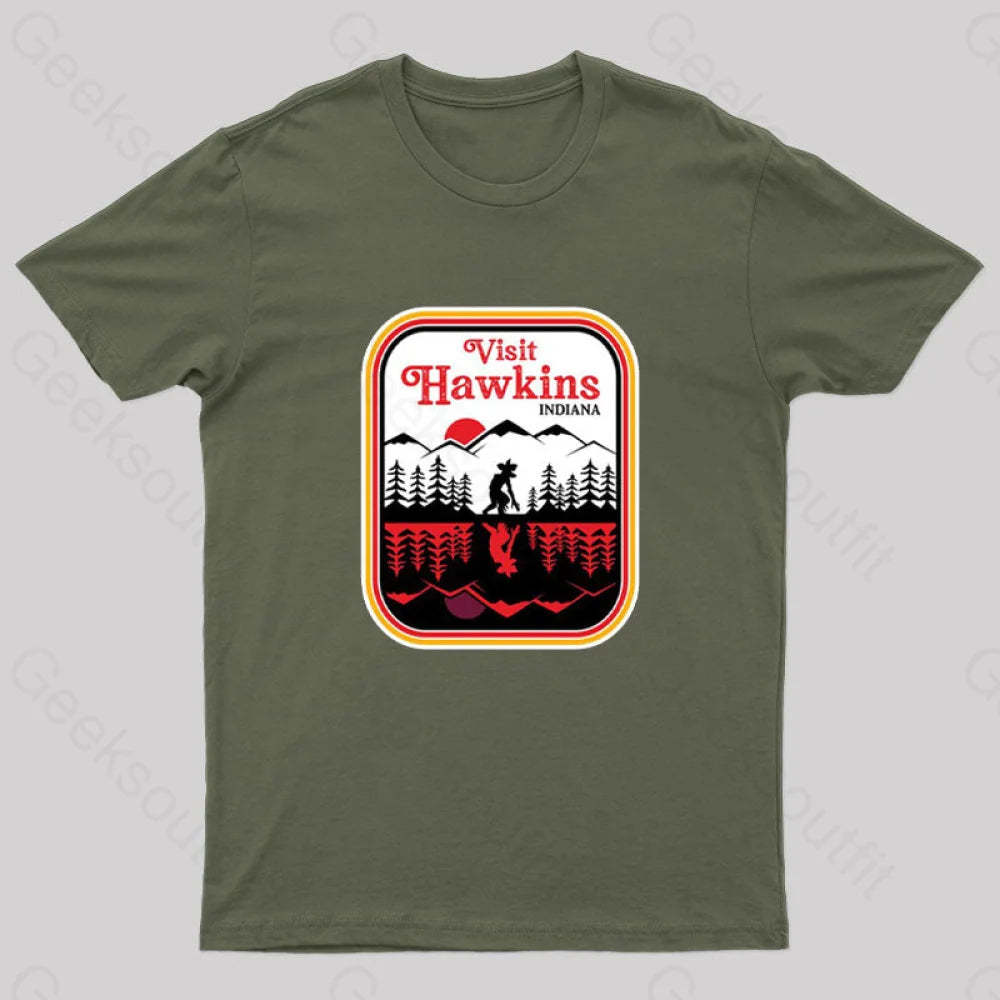 Visit Hawkins Indiana Nerd T-Shirt Army Green / S