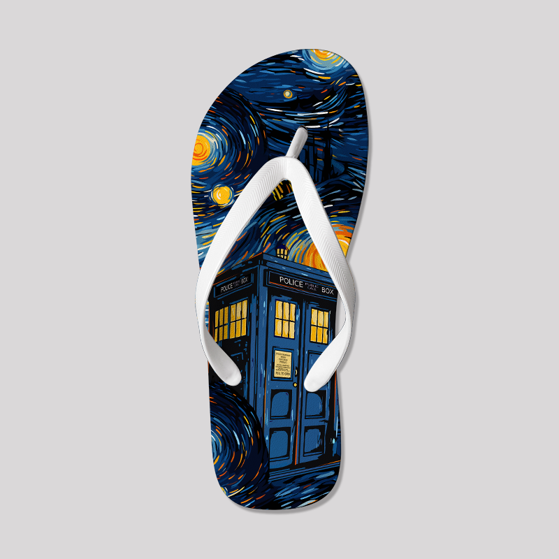 Starry Night Phone Booth Geek Flip Flops