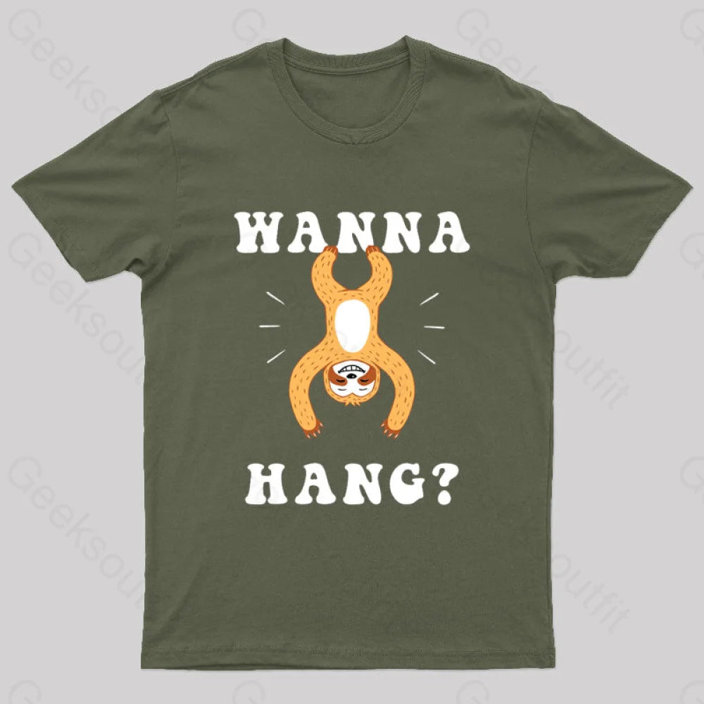 Wanna Hang Sloth Nerd T-Shirt Army Green / S