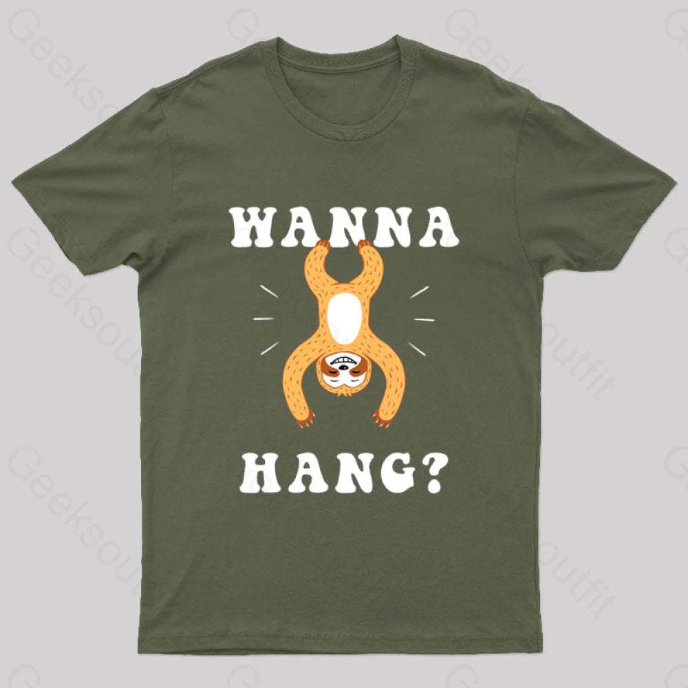 Wanna Hang Sloth Nerd T-Shirt Army Green / S
