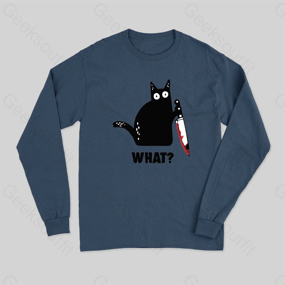 What Cat Funny Long Sleeve T-Shirt Navy / S