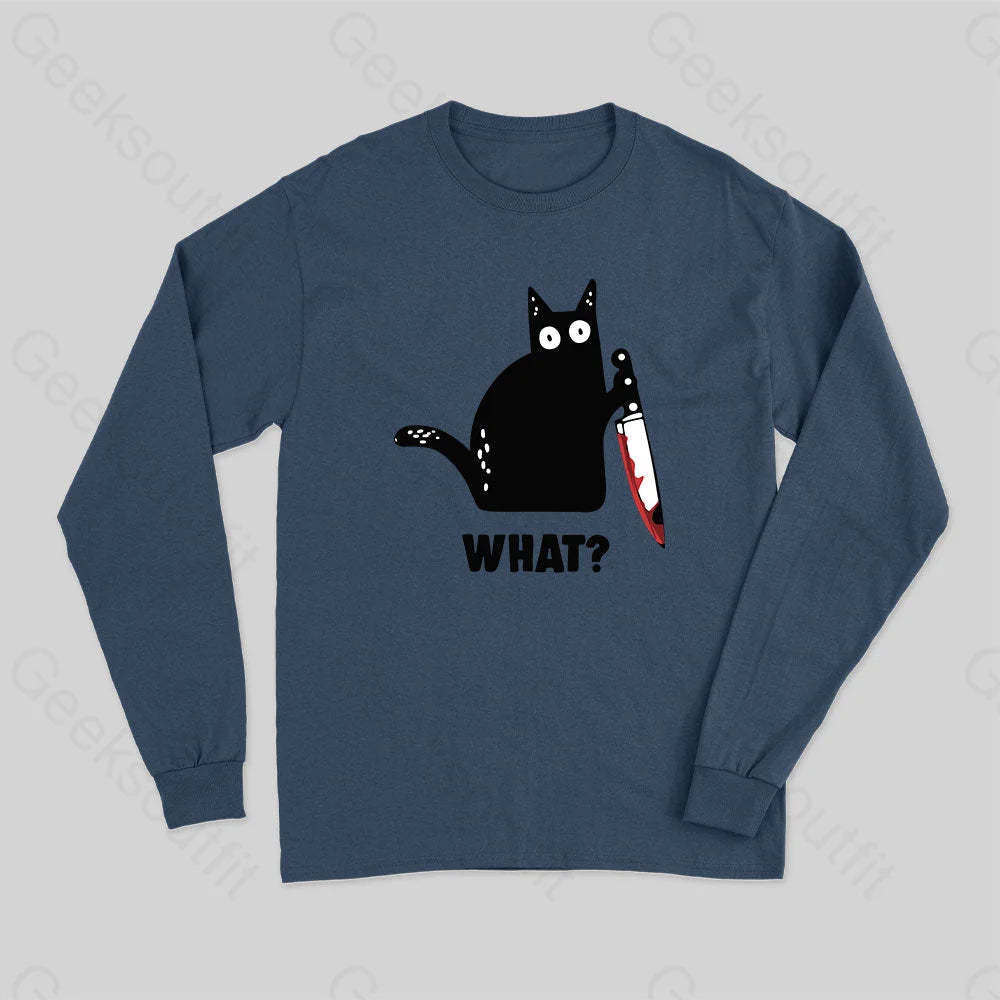 What Cat Funny Long Sleeve T-Shirt Navy / S