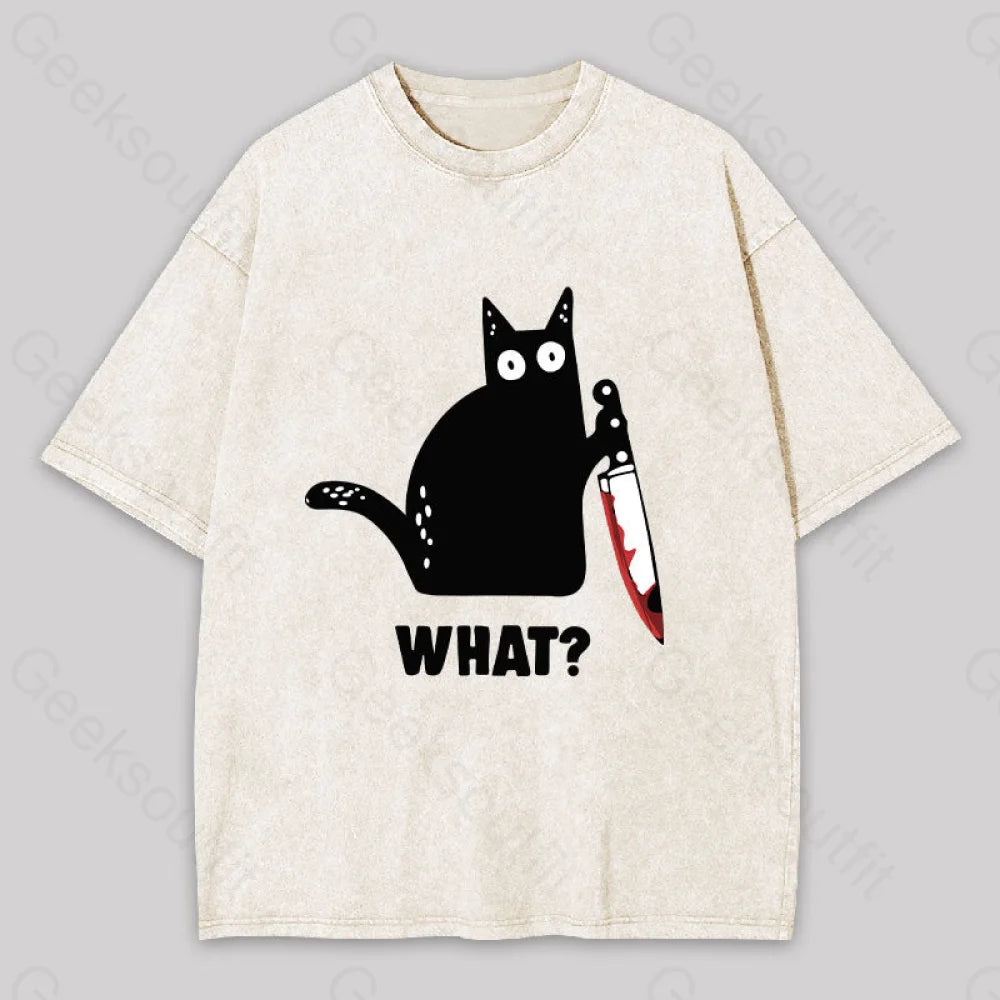 What Cat Funny Washed T-Shirt Apricot / S