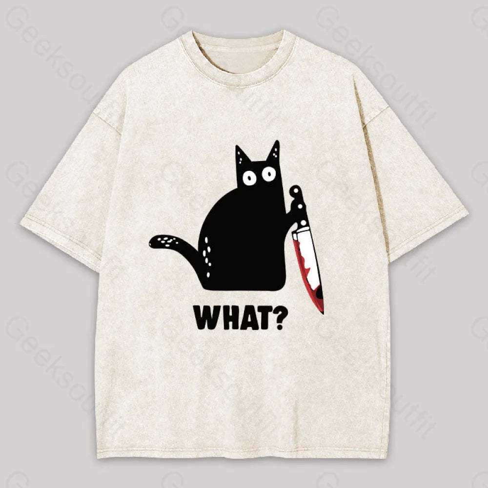 What Cat Funny Washed T-Shirt Apricot / S