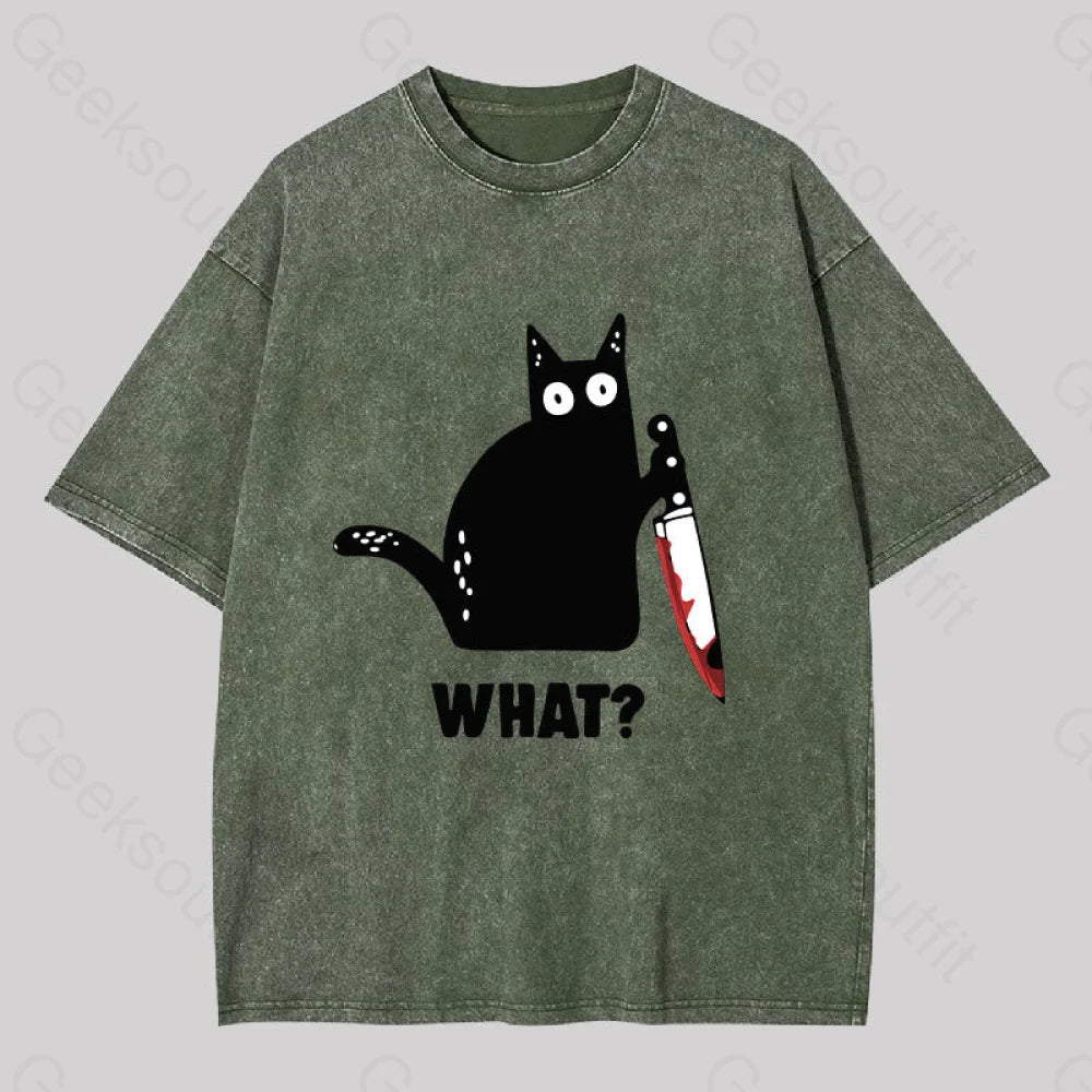 What Cat Funny Washed T-Shirt Army Green / S