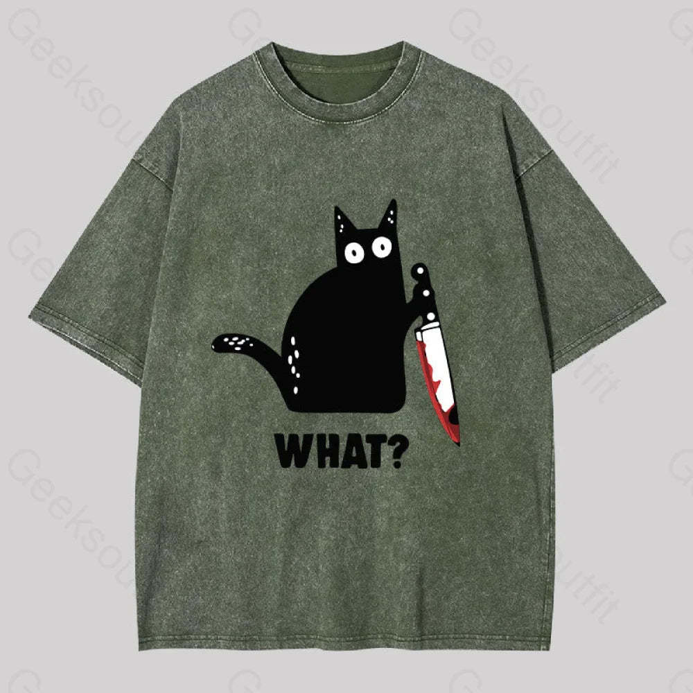 What Cat Funny Washed T-Shirt Army Green / S