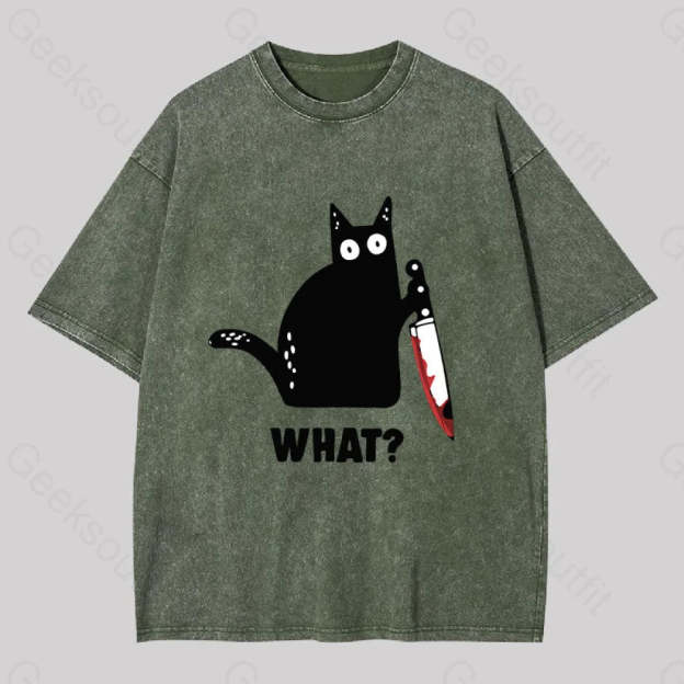 What Cat Funny Washed T-Shirt Army Green / S