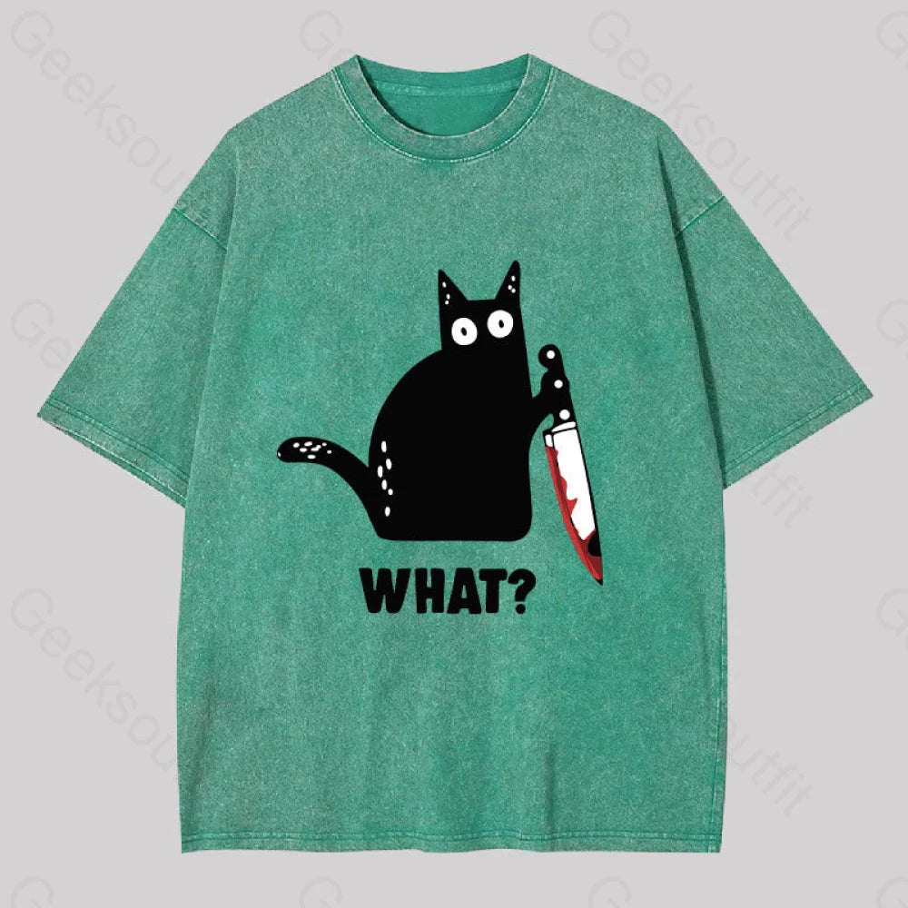 What Cat Funny Washed T-Shirt Grass Green / S
