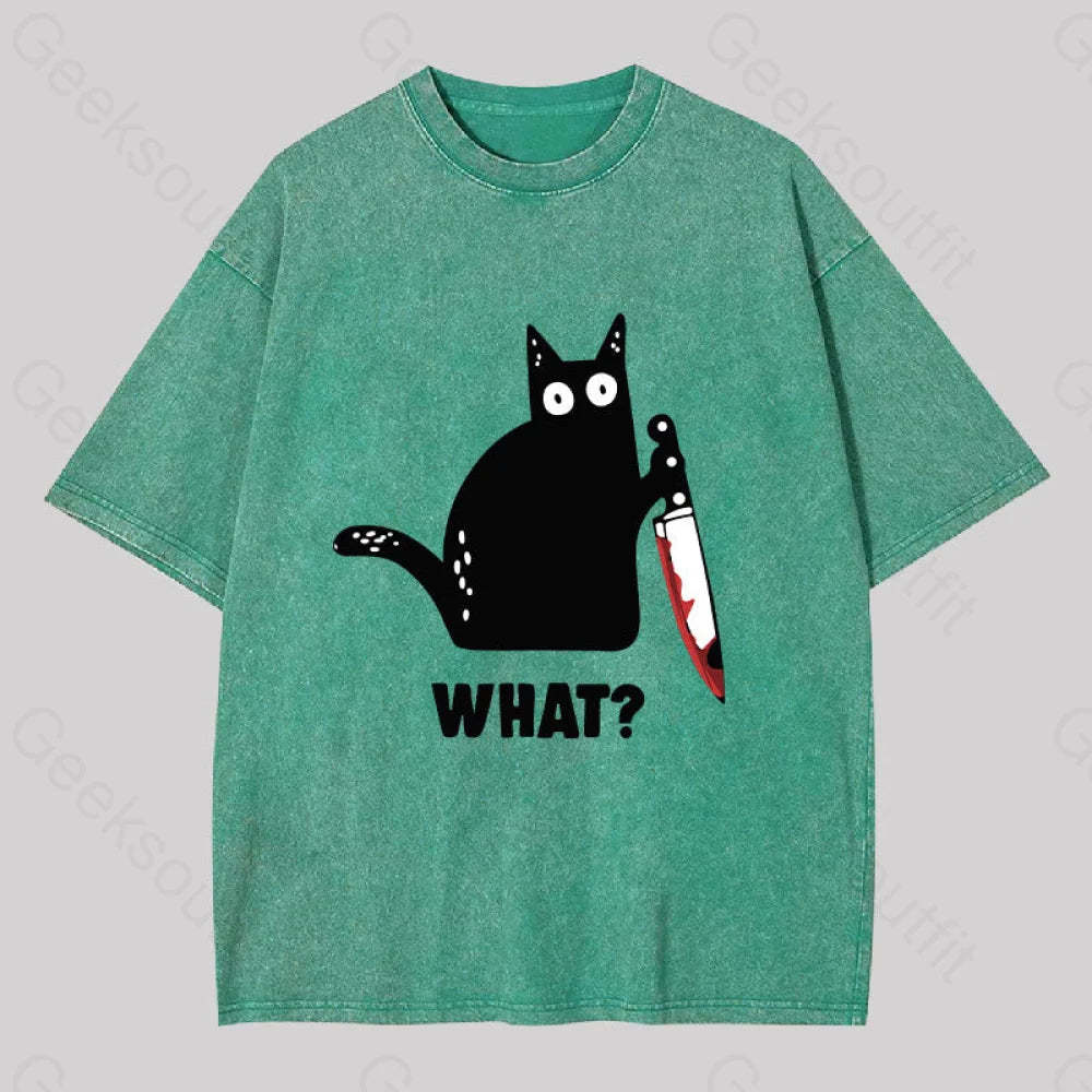 What Cat Funny Washed T-Shirt Grass Green / S