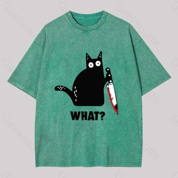 What Cat Funny Washed T-Shirt Grass Green / S