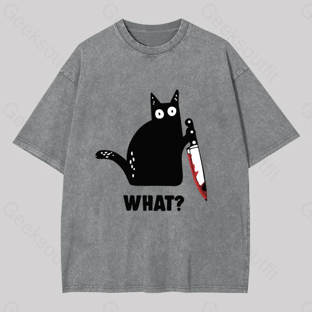 What Cat Funny Washed T-Shirt Grey / S