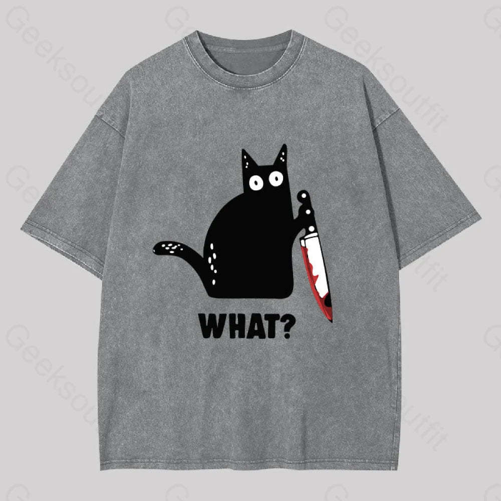 What Cat Funny Washed T-Shirt Grey / S